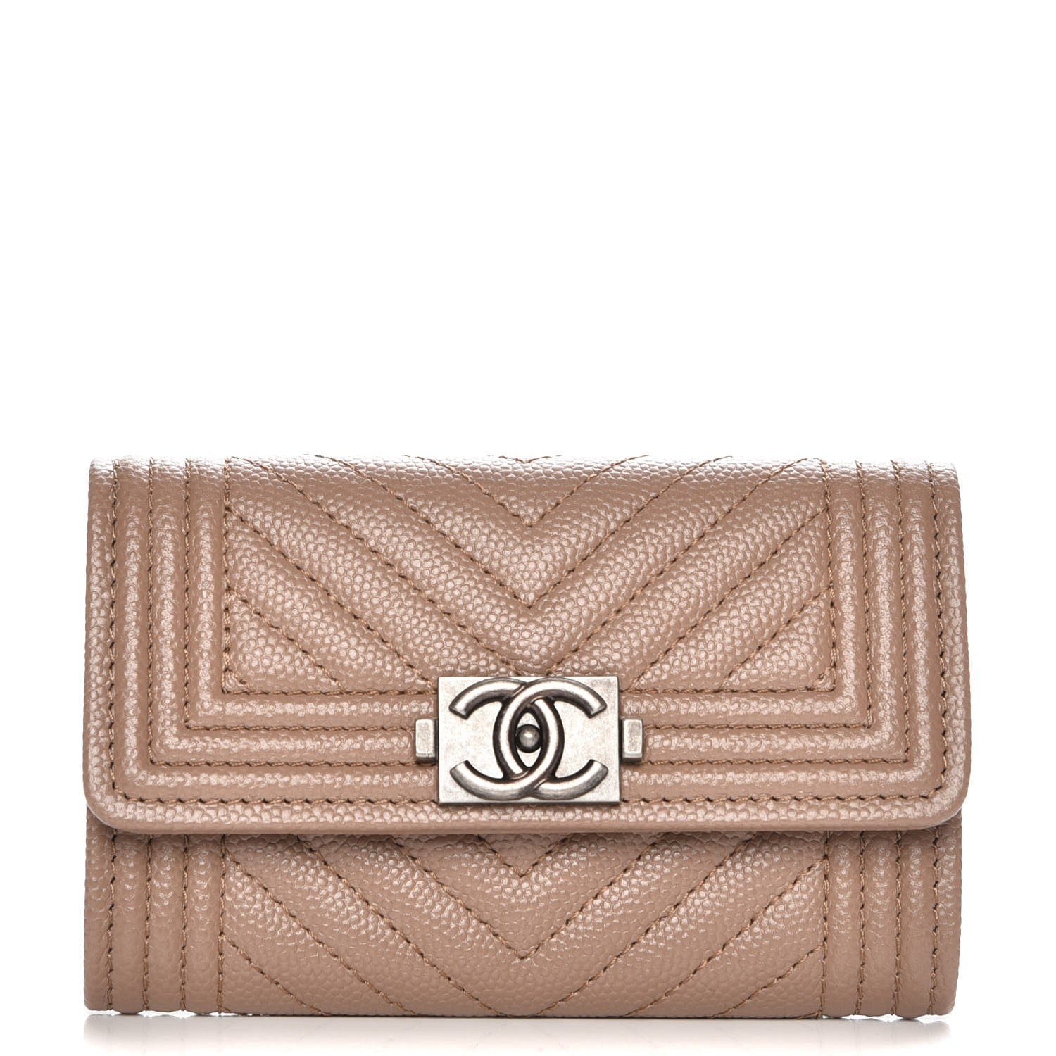 Chanel Caviar Chevron Quilted Boy Card Holder Wallet Dark Beige 1 of 9