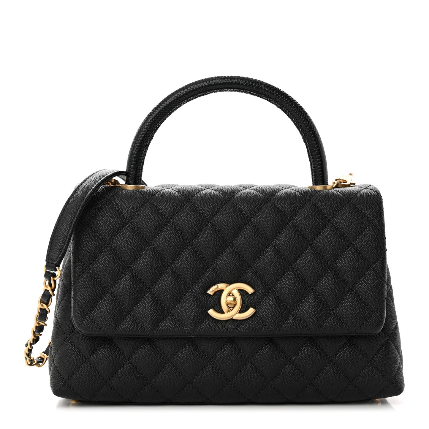 Caviar Lizard Embossed Quilted Small Coco Handle Flap Black