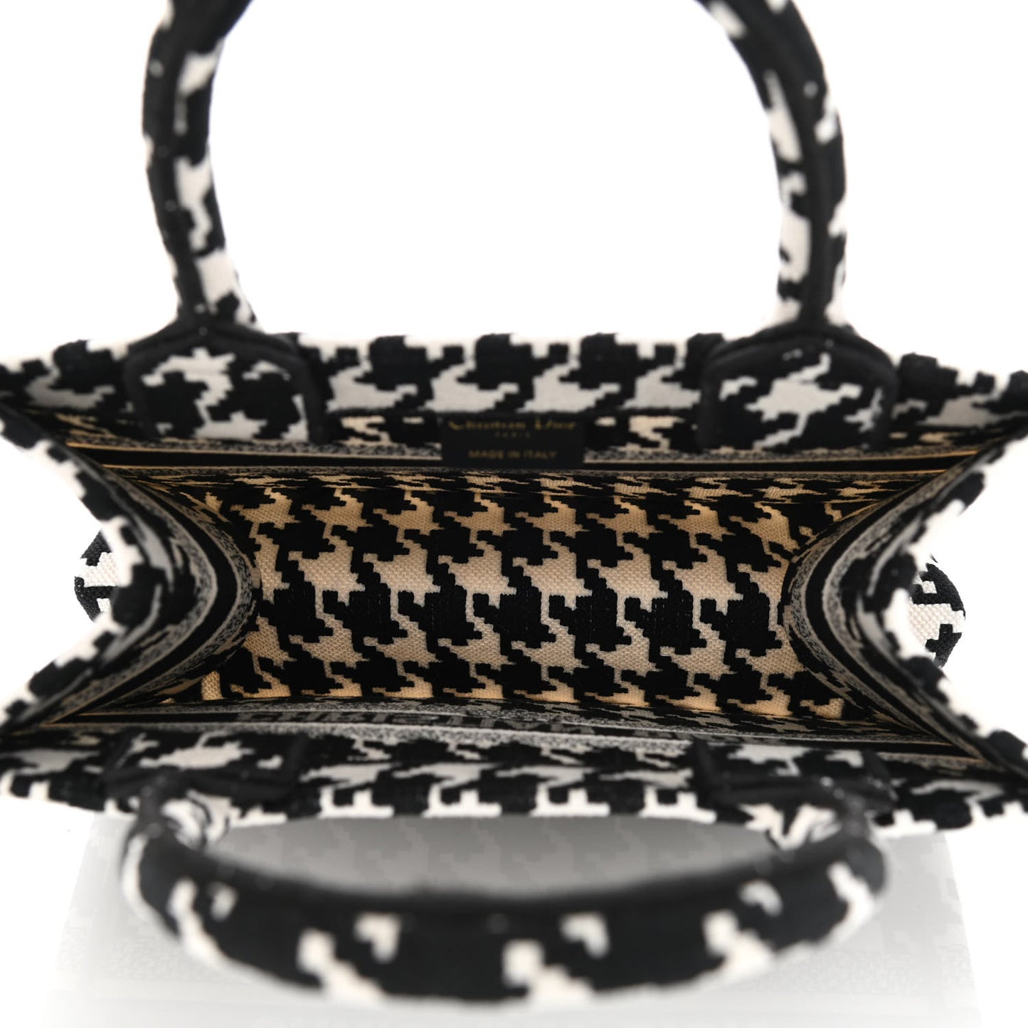 Canvas Houndstooth Embroidered Small Book Tote Black White