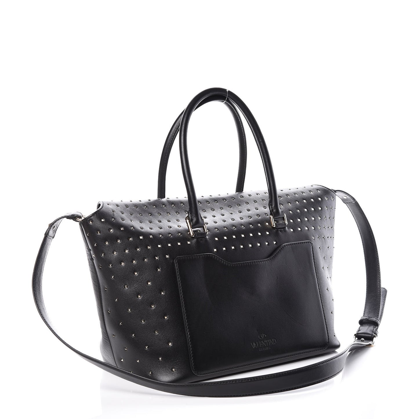 Calfskin Medium Rockstud All Over Demilune Double Handle Satchel Black