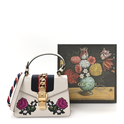 Gucci Calfskin Embroidered Mini Sylvie Top Handle Bag White 11 of 11