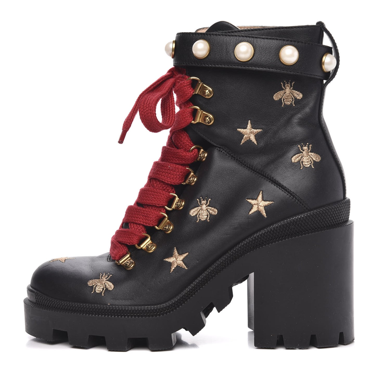 Calfskin Embroidered Lace Up Combat Ankle Boots 38 Black