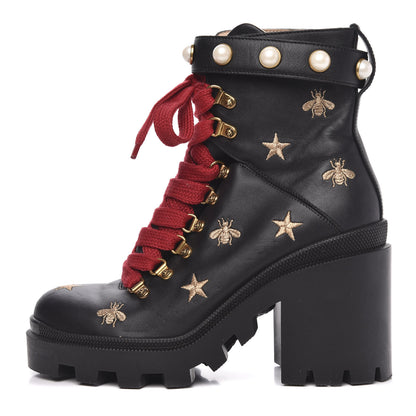 Gucci Calfskin Embroidered Lace Up Combat Ankle Boots 38 Black 1 of 9