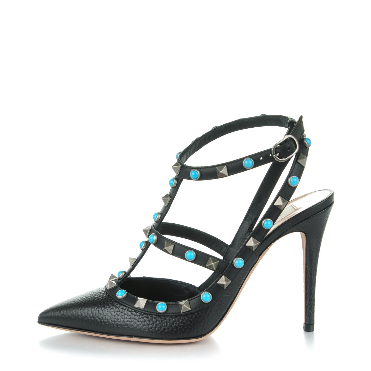 Valentino Garavani Pebbled Calfskin Turquoise Rockstud Rolling Ankle Strap 100mm Pumps 37.5 Black 1 of 7