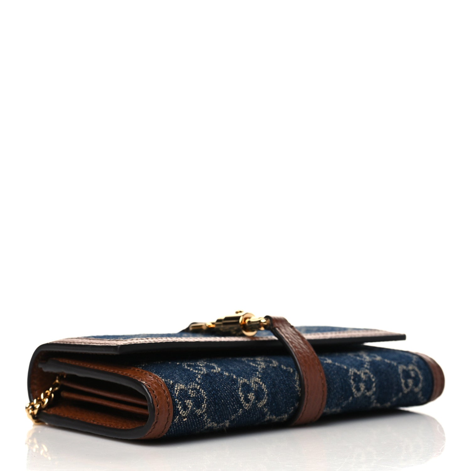 Gucci New Denim GG Monogram Jackie 1961 Chain Wallet Blue Tea Cuir 4 of 6
