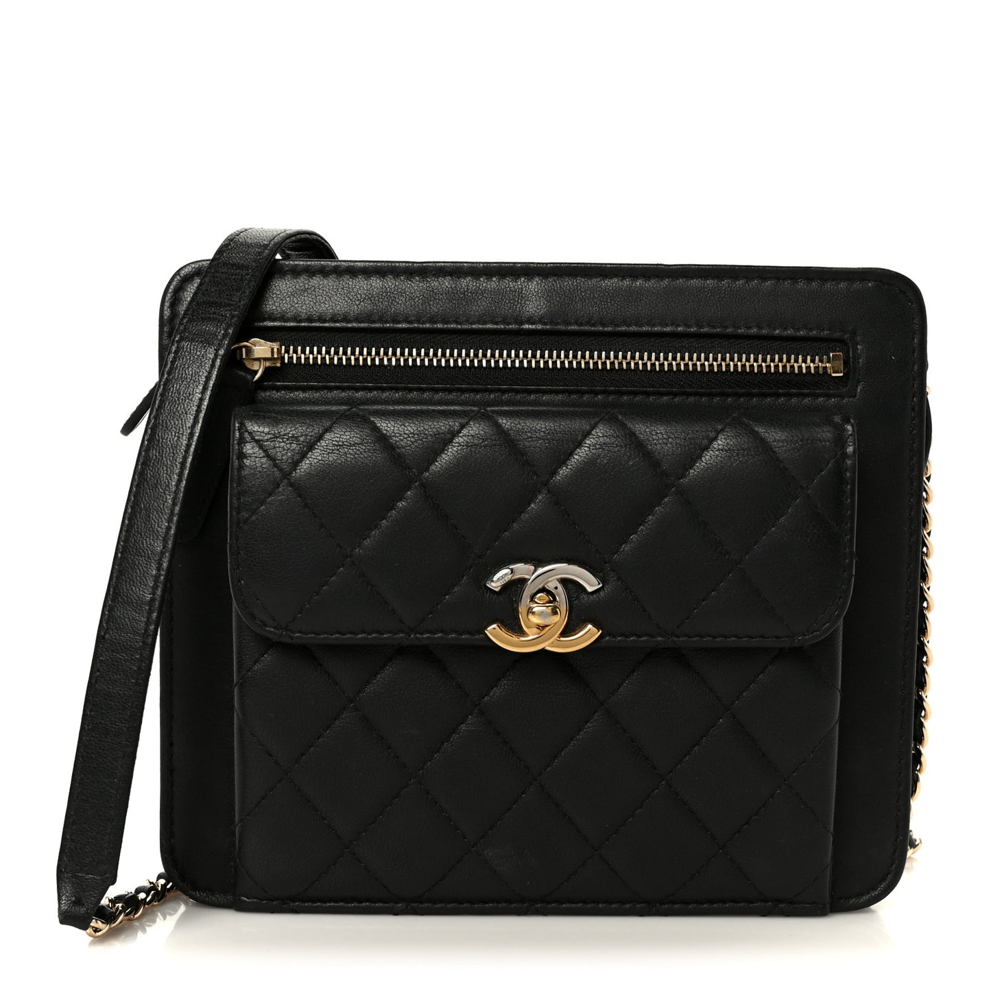 Lambskin Quilted Square Front Pocket Clutch With Chain Black