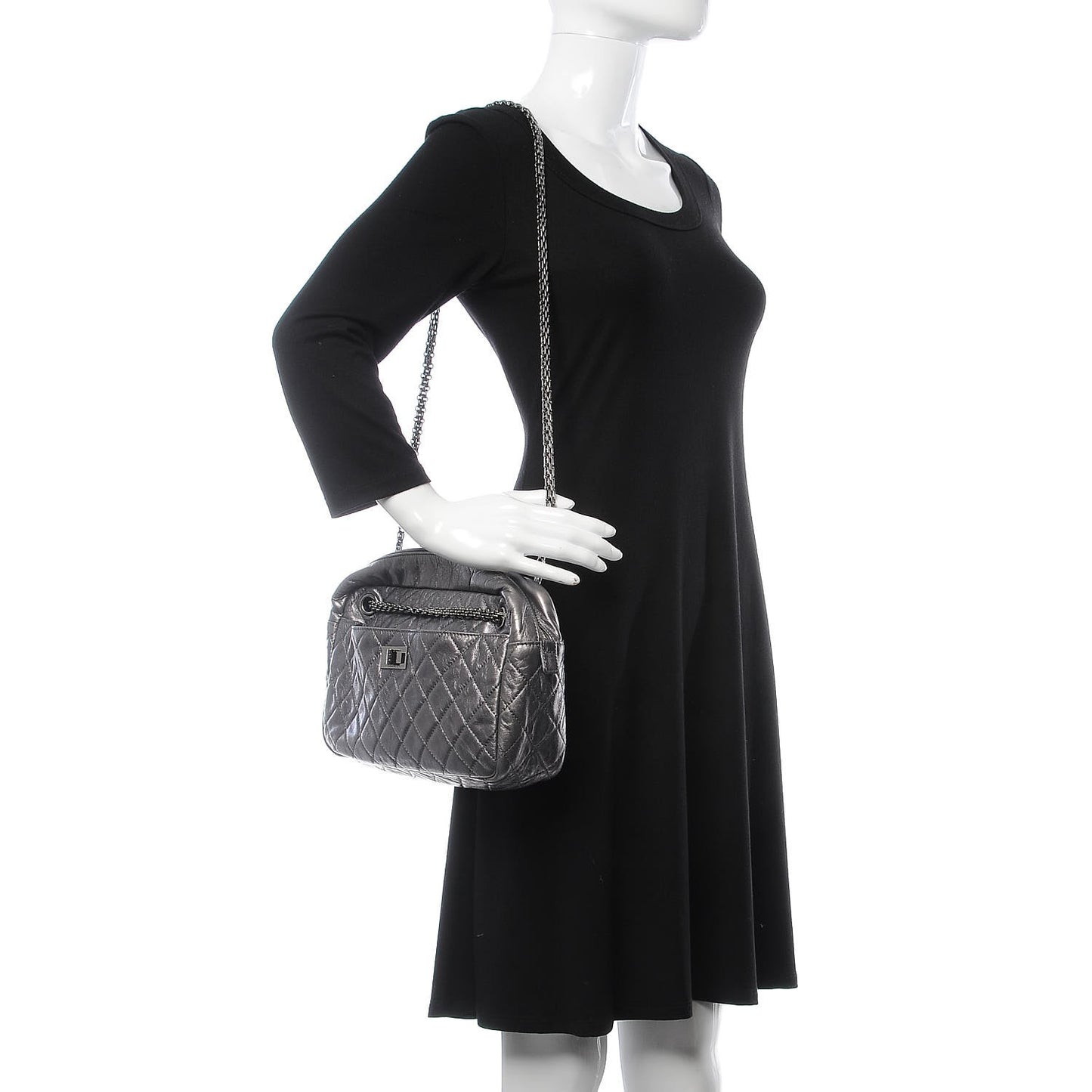 Metallic Aged Calfskin Quilted Medium Reissue Camera Case Dark Silver