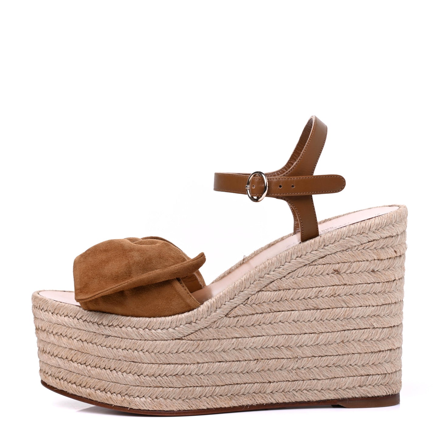 Suede Calfskin Tropical Bow Espadrille Platform Wedge Sandals 37 Brown
