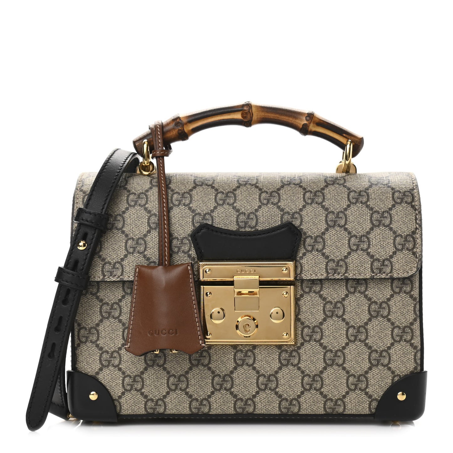 GG Supreme Monogram Small Padlock Bamboo Shoulder Bag Beige Black Cuir