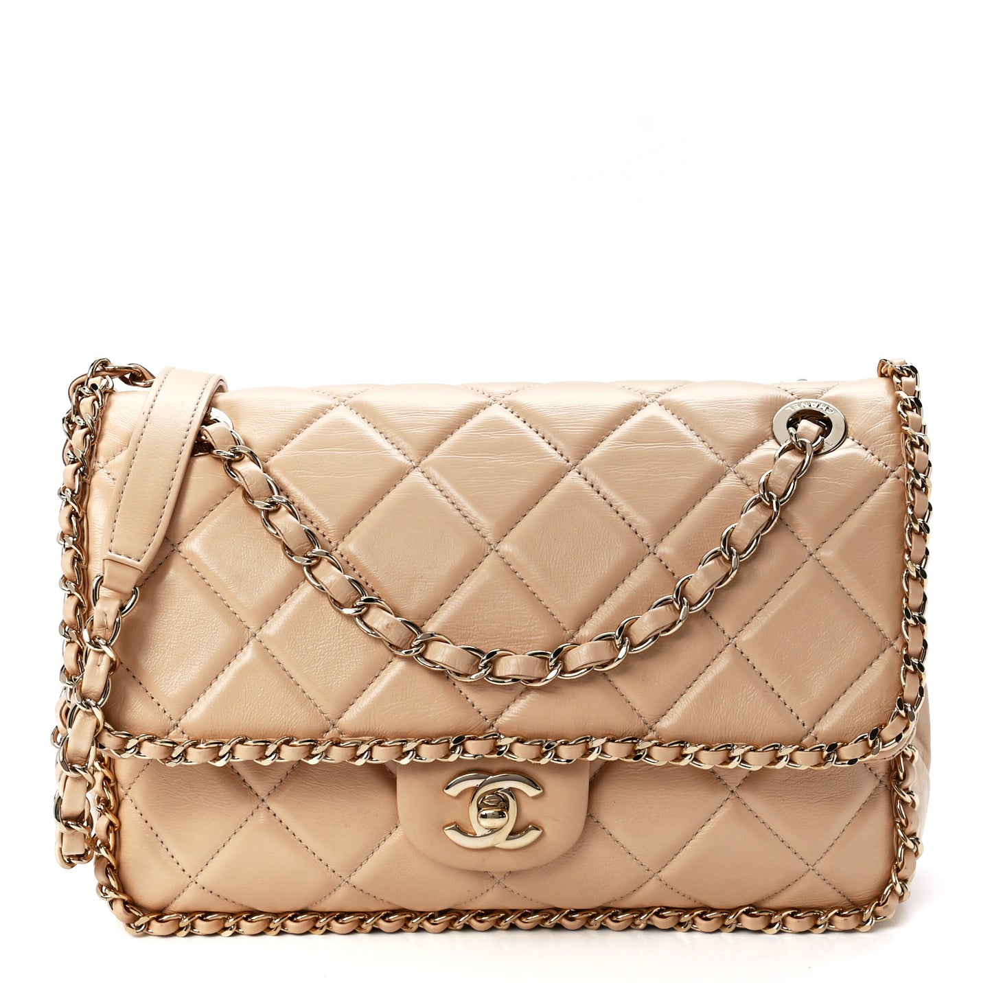 Crumpled Calfskin Medium Chain All Over Flap Beige