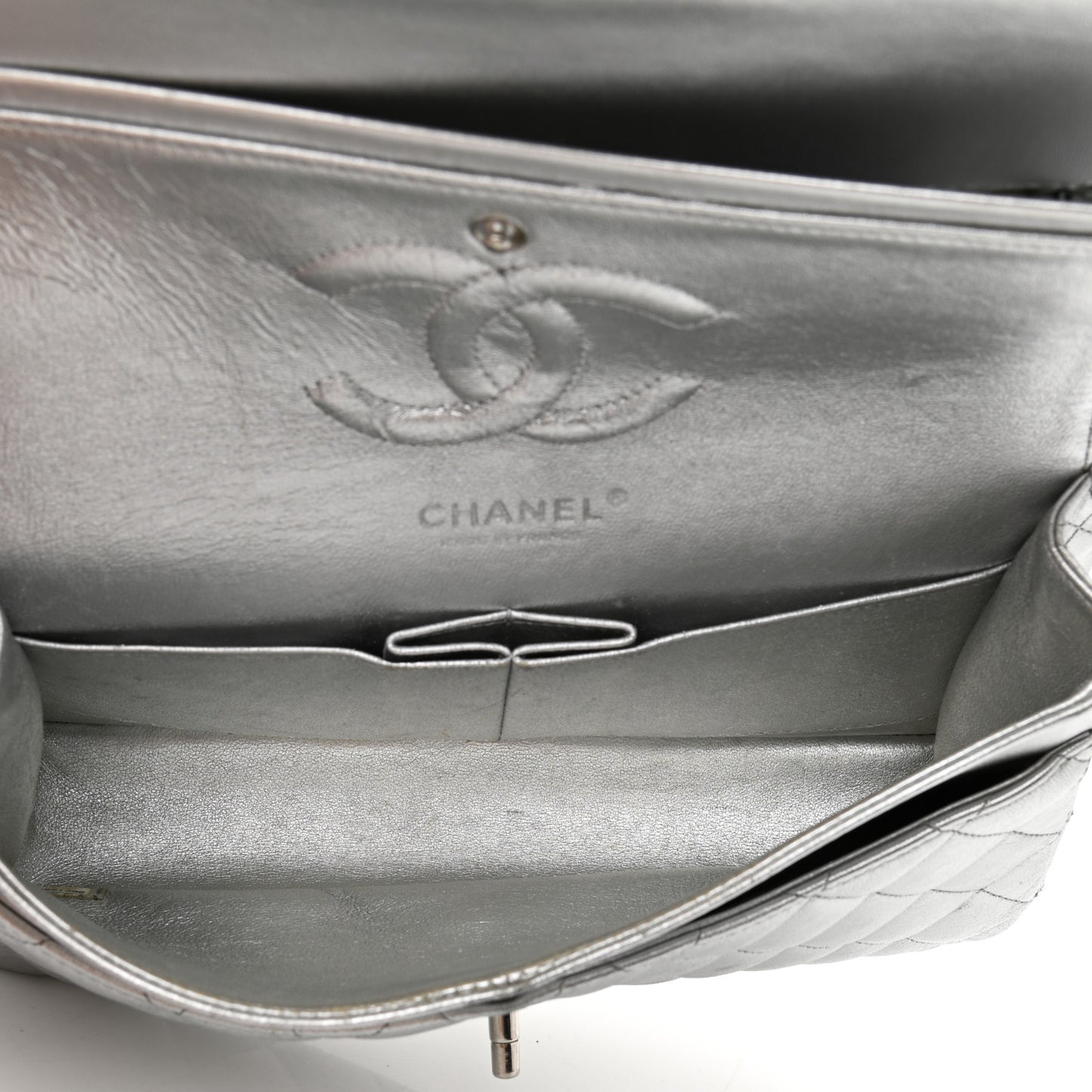 Metallic Lambskin Quilted Medium Double Flap Silver
