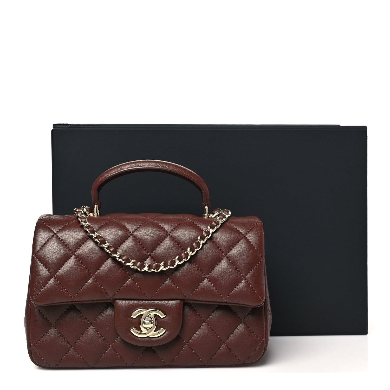 CHANEL ブラウン キルティング バッグ Chanel Lambskin Quilted Mini Top Handle Rectangular Flap Dark