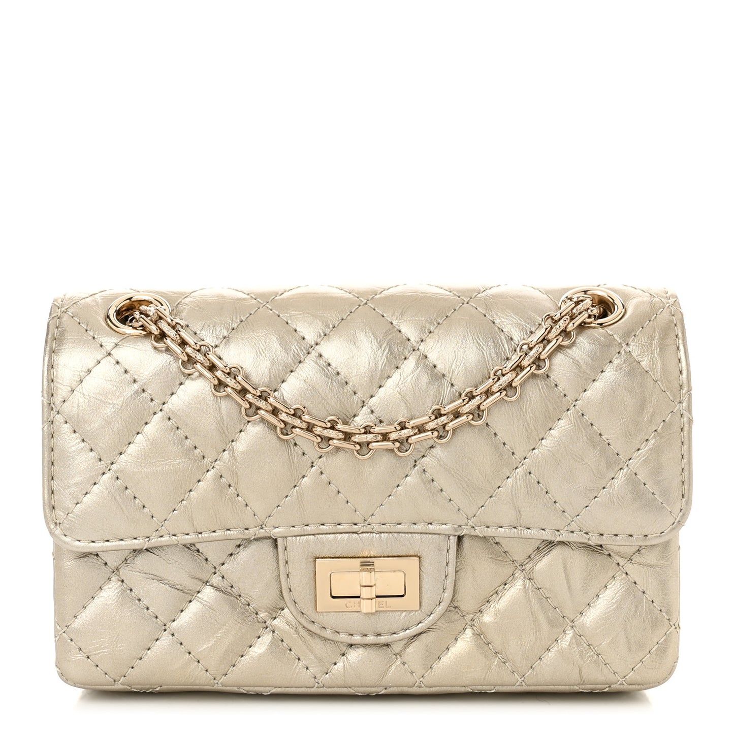Metallic Aged Calfskin Quilted 2.55 Reissue Mini Flap Light Gold