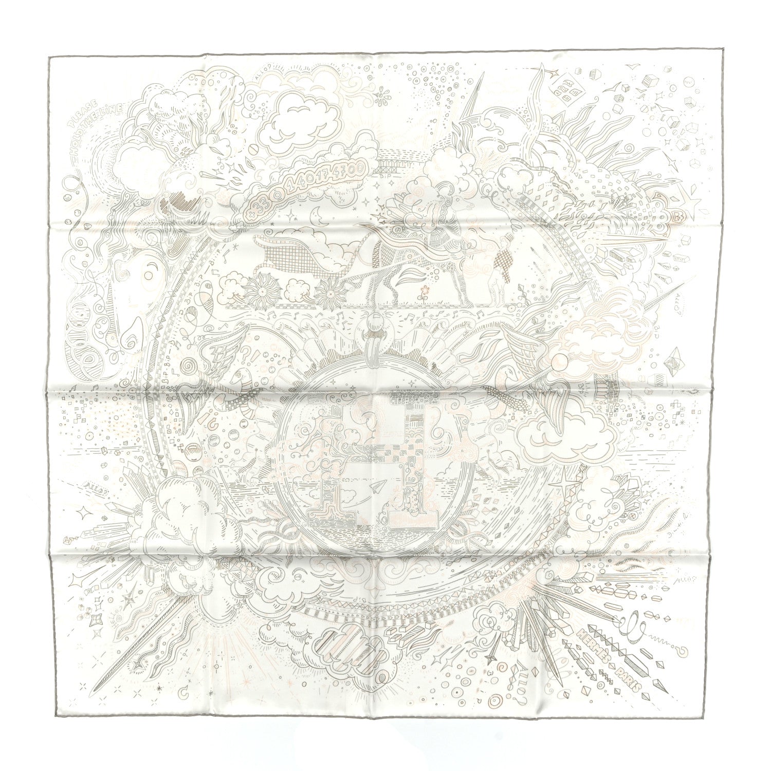 Hermes Silk Please Hold The Line Scarf 90 White Rose Nacre Vert de Gris 1 of 5