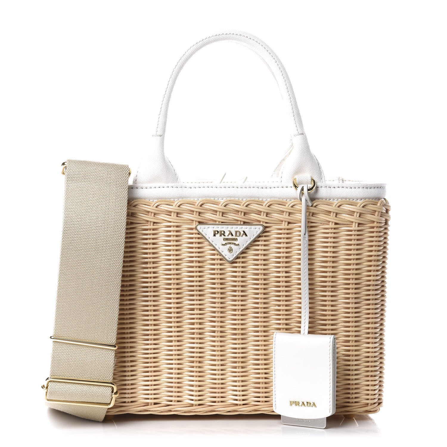 Prada Canvas Wicker Shoulder Bag White Tan 1 of 10