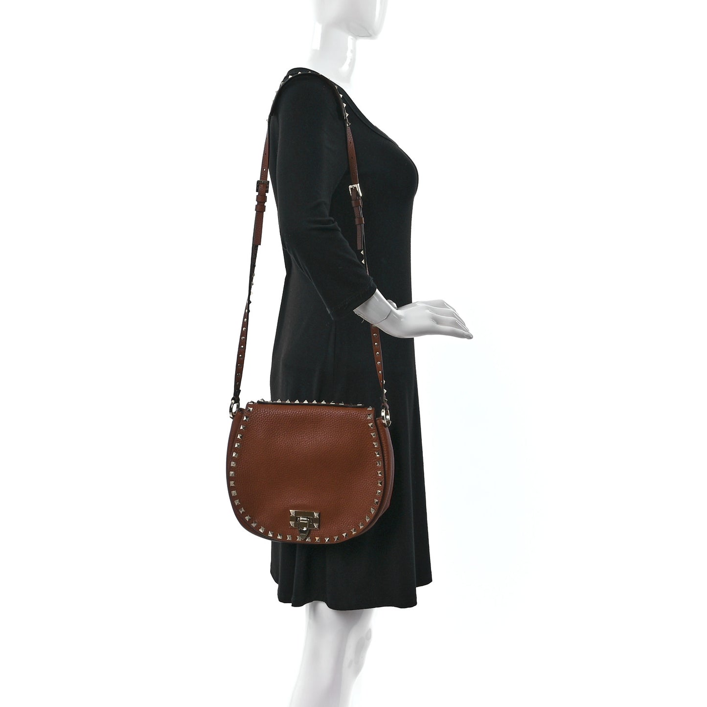 Pebbled Calfskin Rockstud Saddle Bag Saddle Brown