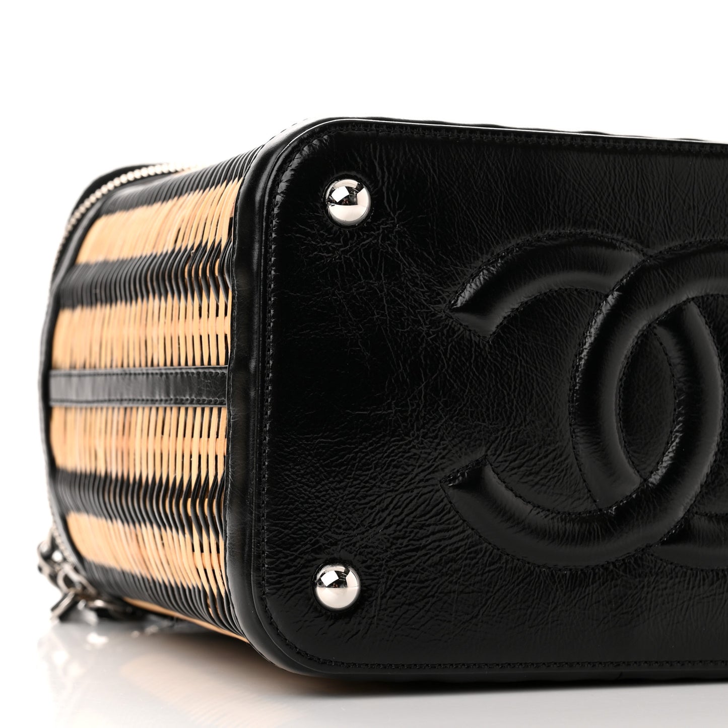 Glazed Calfskin Raffia Vanity Case Bag Black Beige