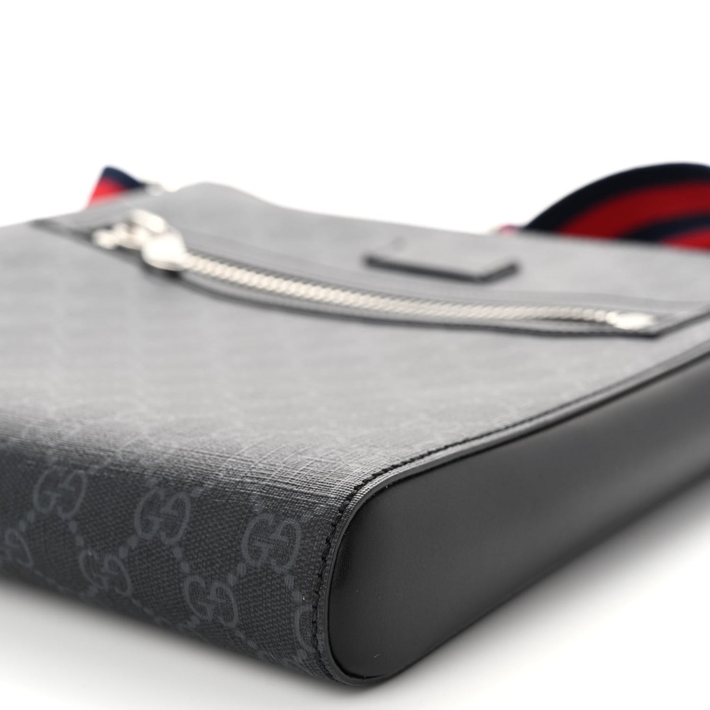GG Supreme Monogram Appia Calfskin Web Flat Messenger Bag Black Grey