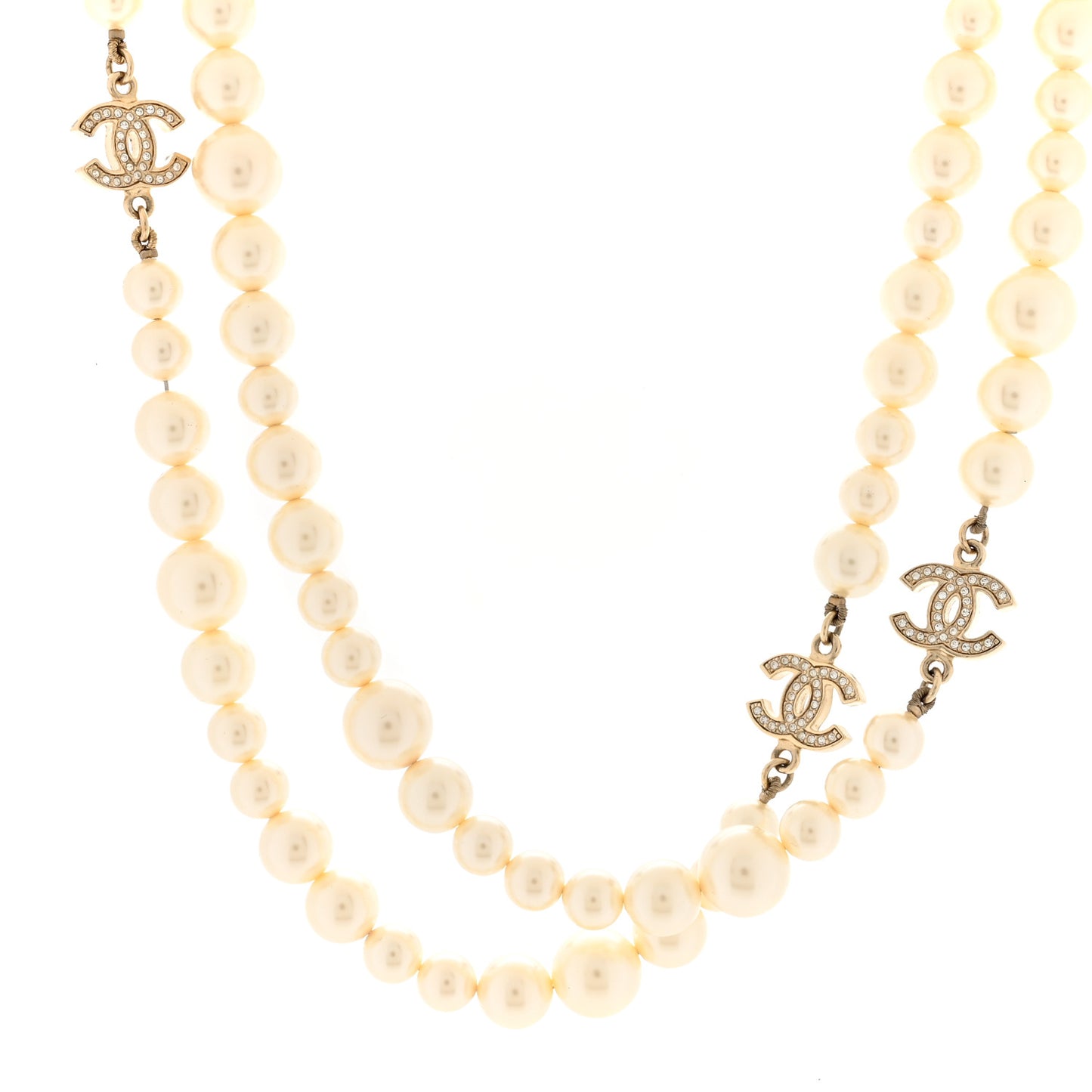 Graduated Pearl Crystal CC Long Necklace White