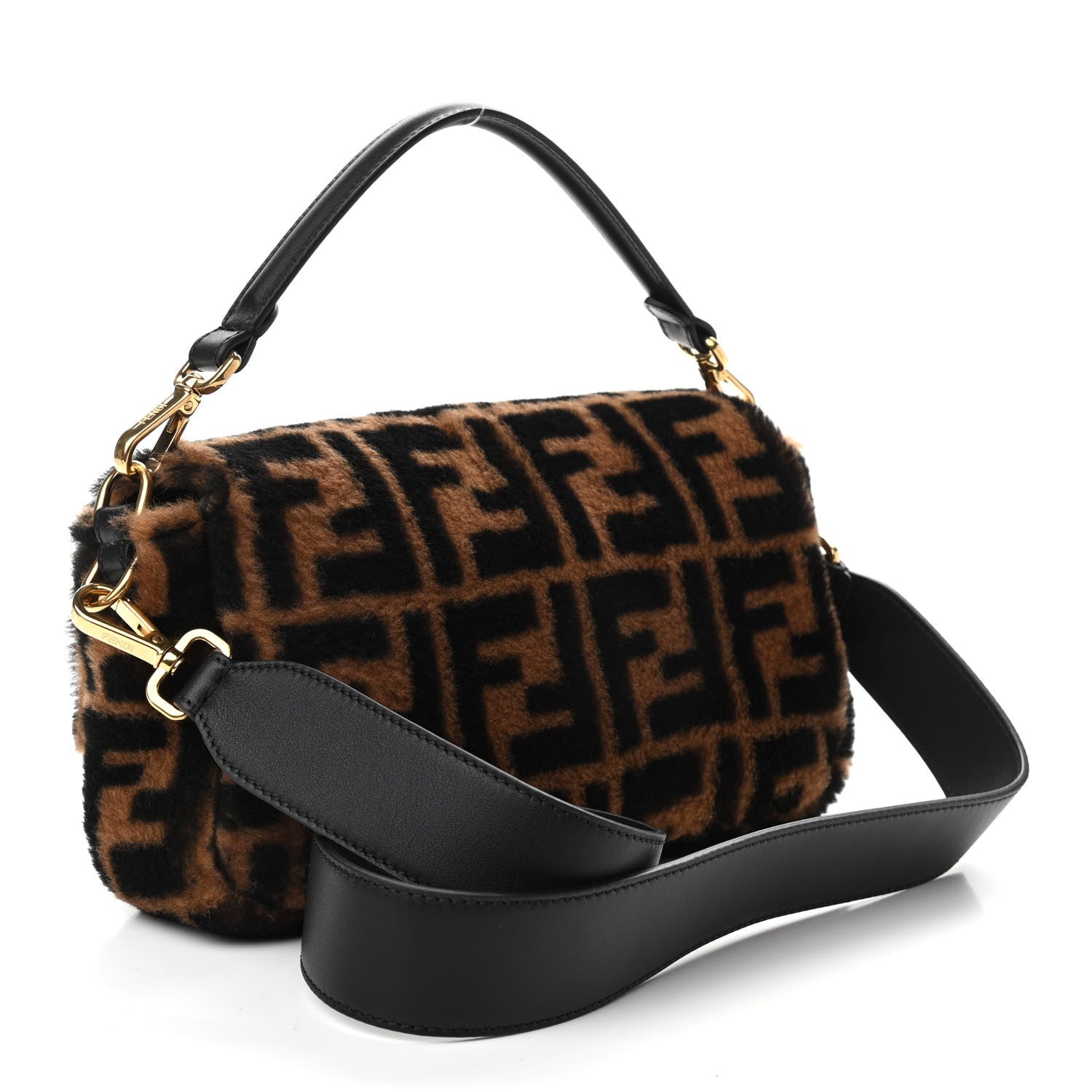 Fendi Shearling Vitello Dolce Macro FF 1974 Baguette Tobacco Black 3 of 10