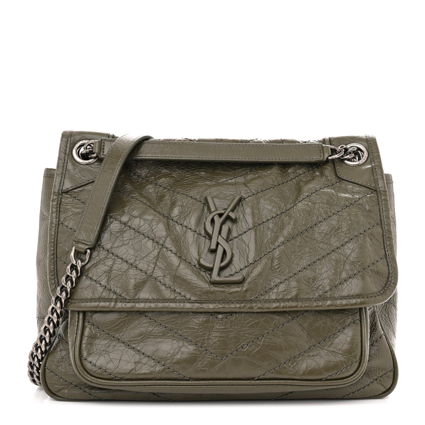 Crinkled Calfskin Matelasse Monogram Medium Niki Chain Satchel Dark Green