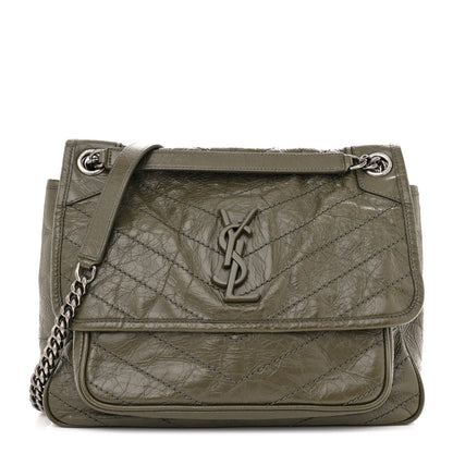 Saint Laurent Crinkled Calfskin Matelasse Monogram Medium Niki Chain Satchel Dark Green 1 of 11