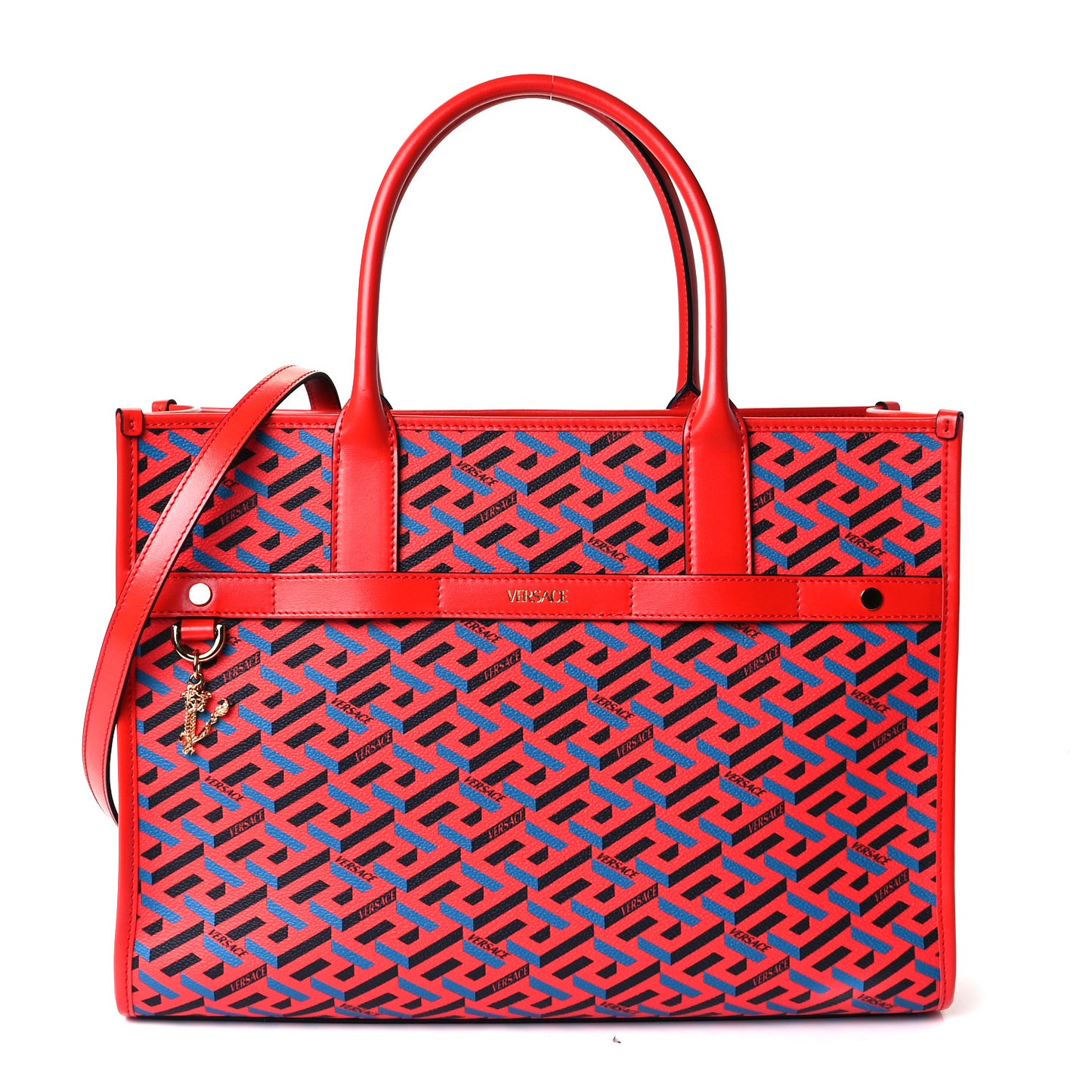 Coated Canvas Calfskin La Greca Signature Tote Bag Blue Red