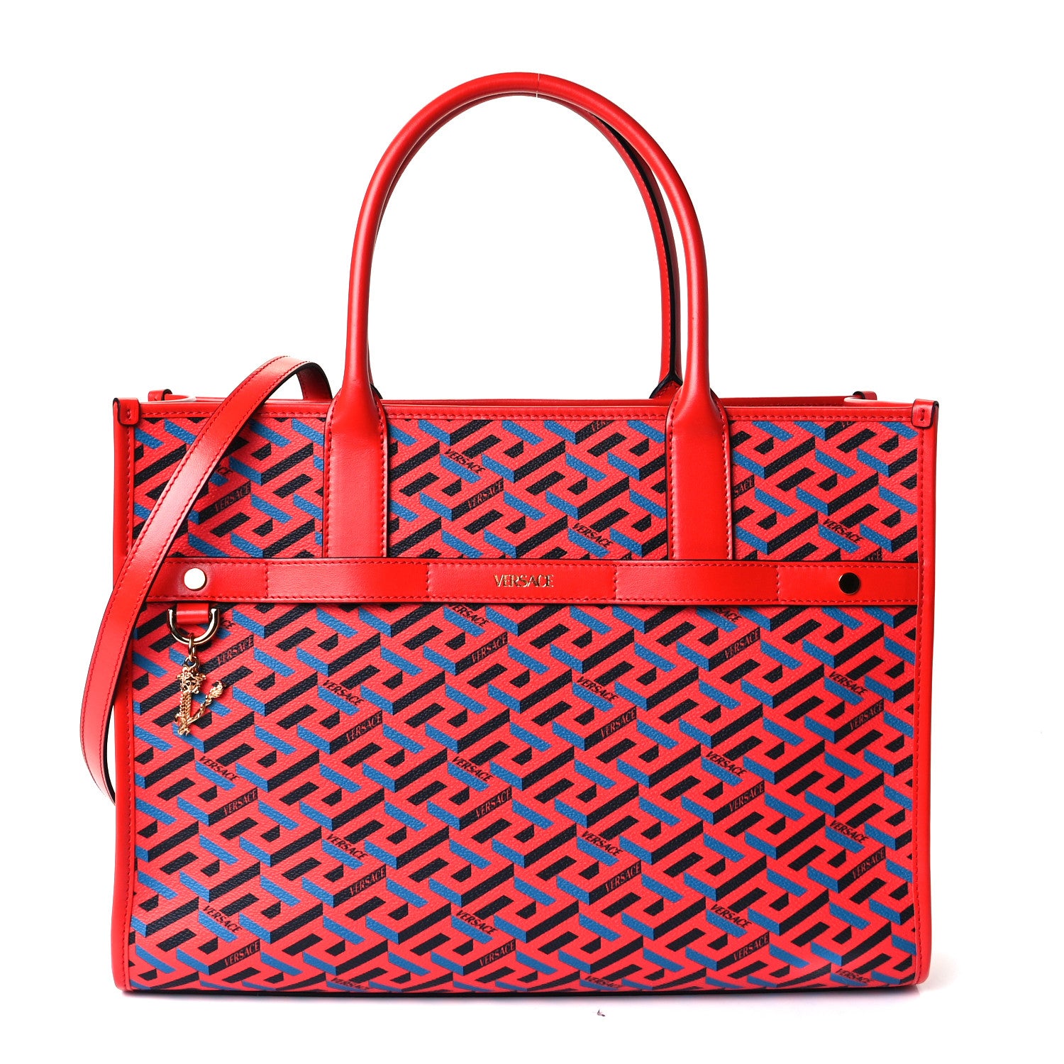 Versace Coated Canvas Calfskin La Greca Signature Tote Bag Blue Red 1 of 9