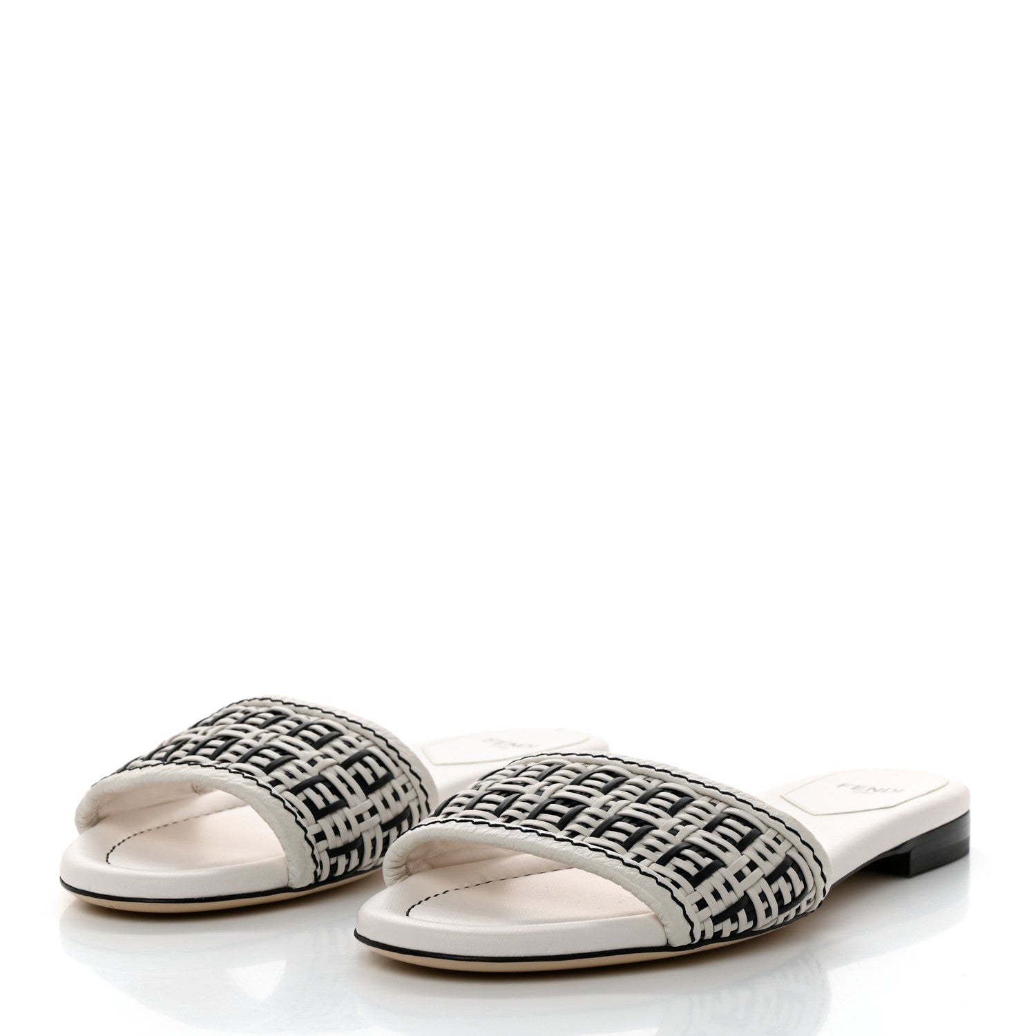 Fendi Woven Calfskin Zucca FF Flat Slide Sandals 37 White Black 3 of 9