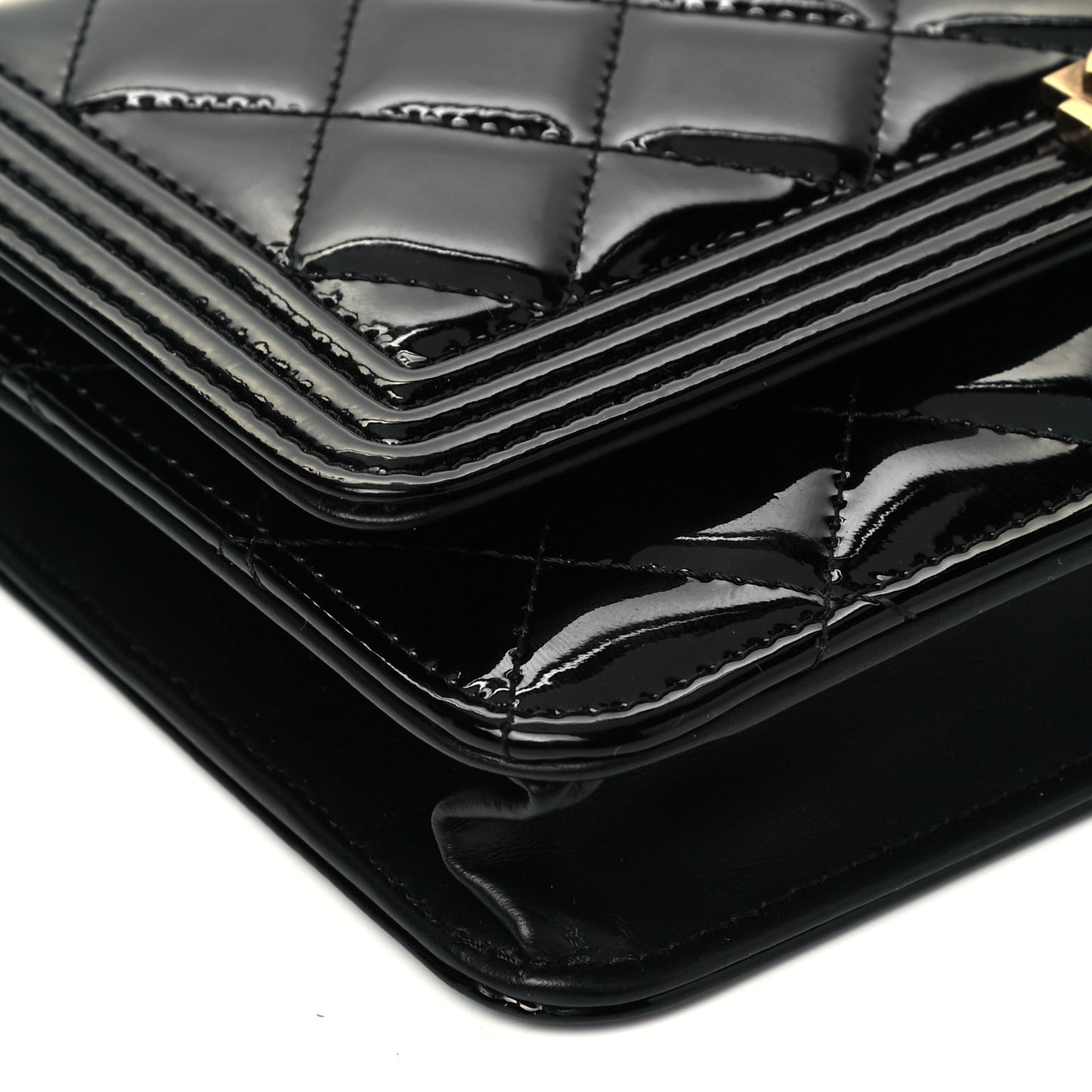 Patent Calfskin Quilted Boy Wallet On Chain WOC Black