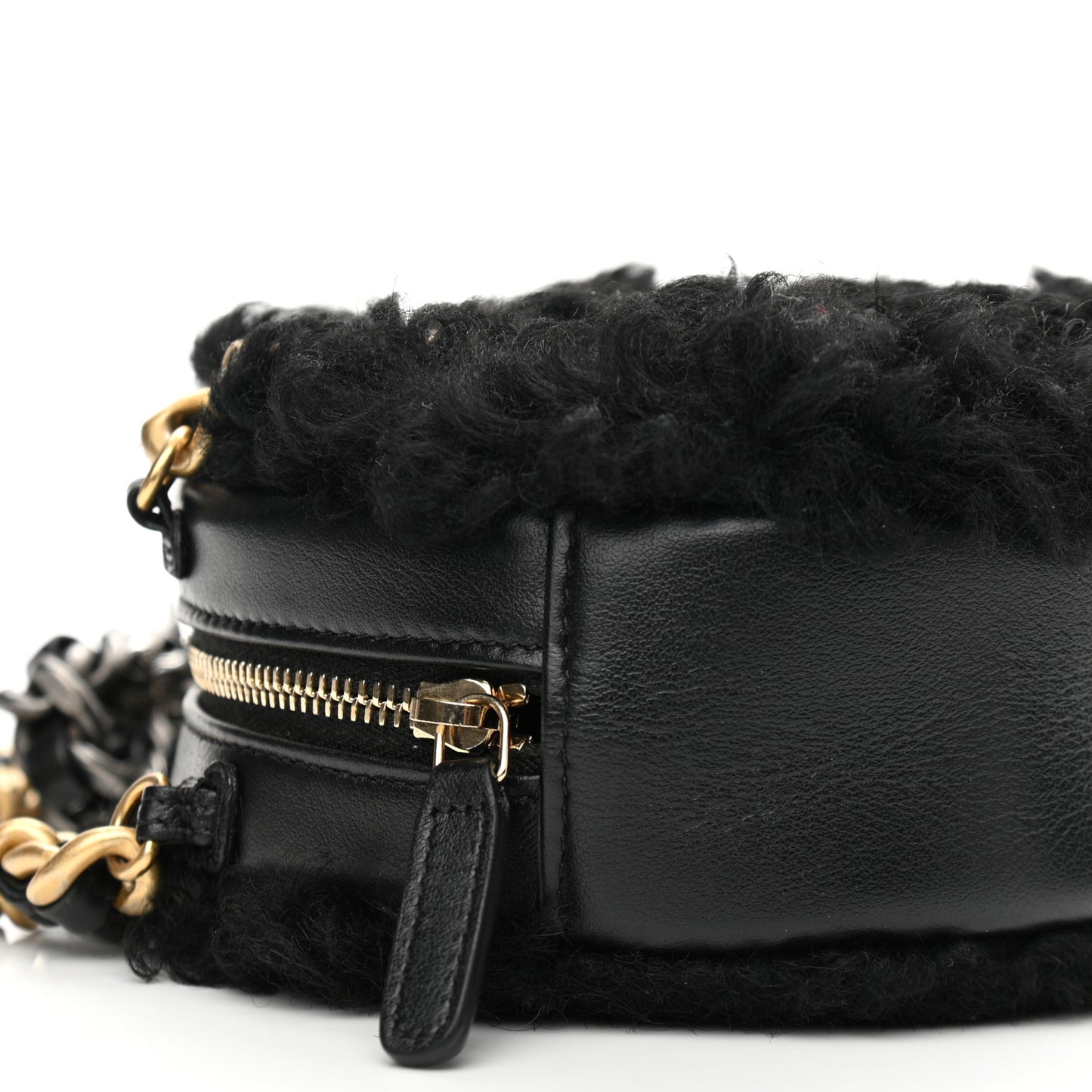 Shearling Sheepskin Chanel 19 Round Clutch With Chain Black