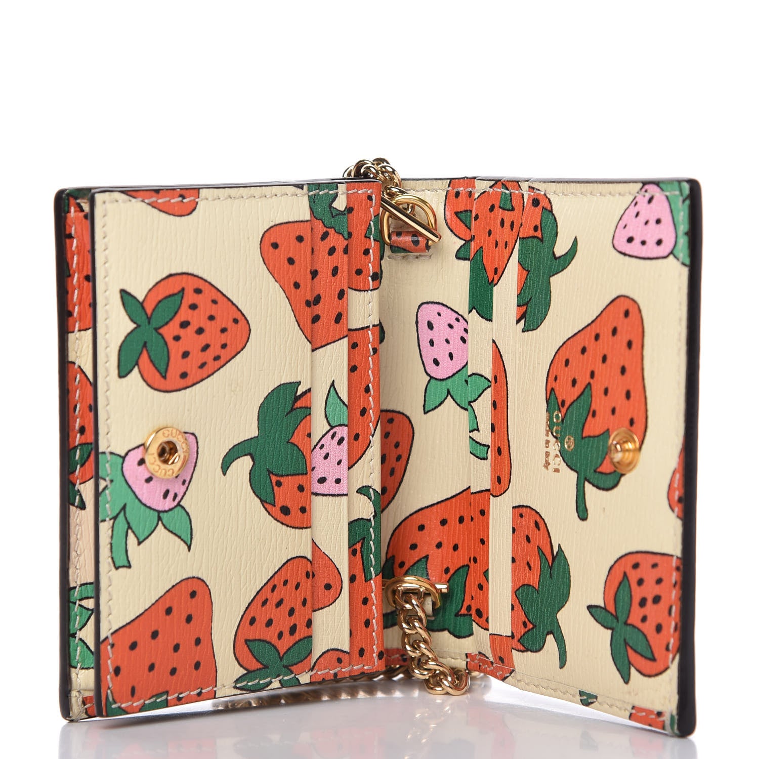 Gucci Calfskin Strawberry Print Zumi Chain Card Case Wallet Ivory Red 5 of 7