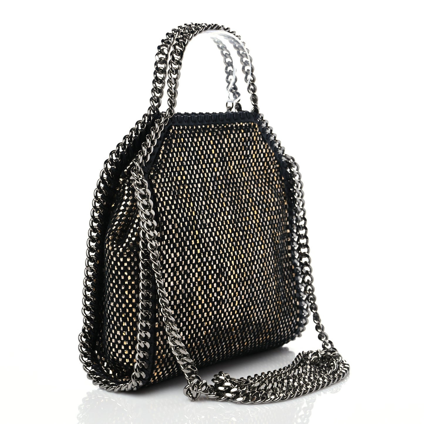 Metallic Woven Raffia Tiny Fold Over Falabella Black Gold