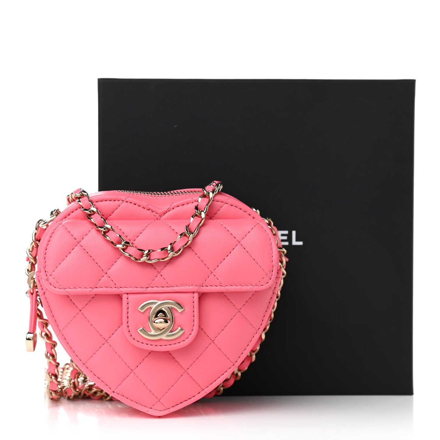 Lambskin Quilted CC In Love Heart Clutch With Chain Pink