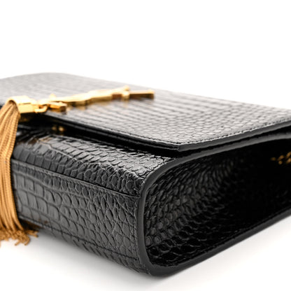 Saint Laurent Calfskin Crocodile Embossed Medium Classic Monogram Kate Tassel Satchel Black 9 of 9