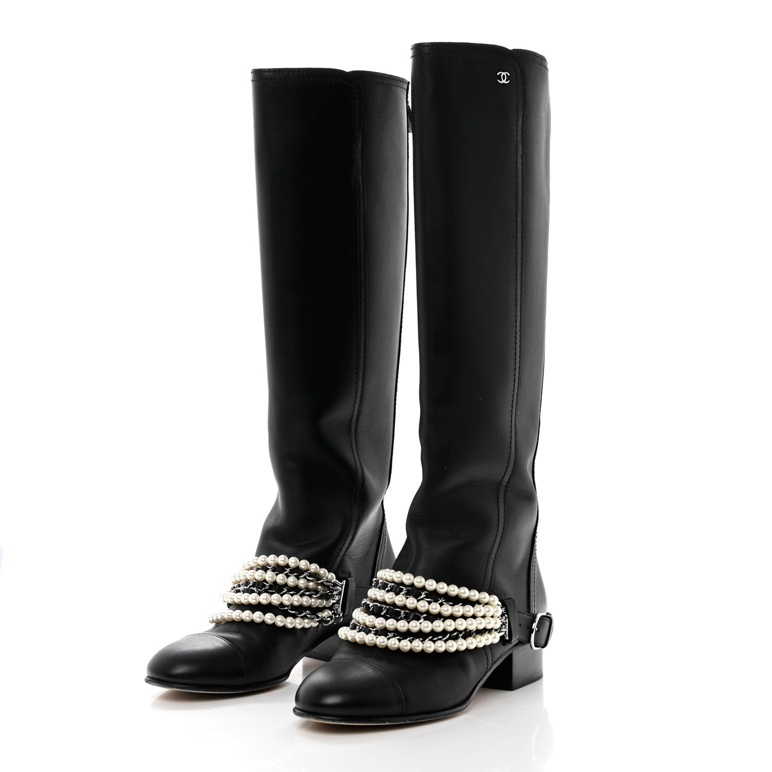 Chanel Calfskin Pearl Cap Toe High Boots 38 Black 3 of 11