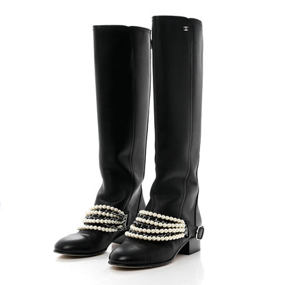 Chanel Calfskin Pearl Cap Toe High Boots 38 Black 3 of 11