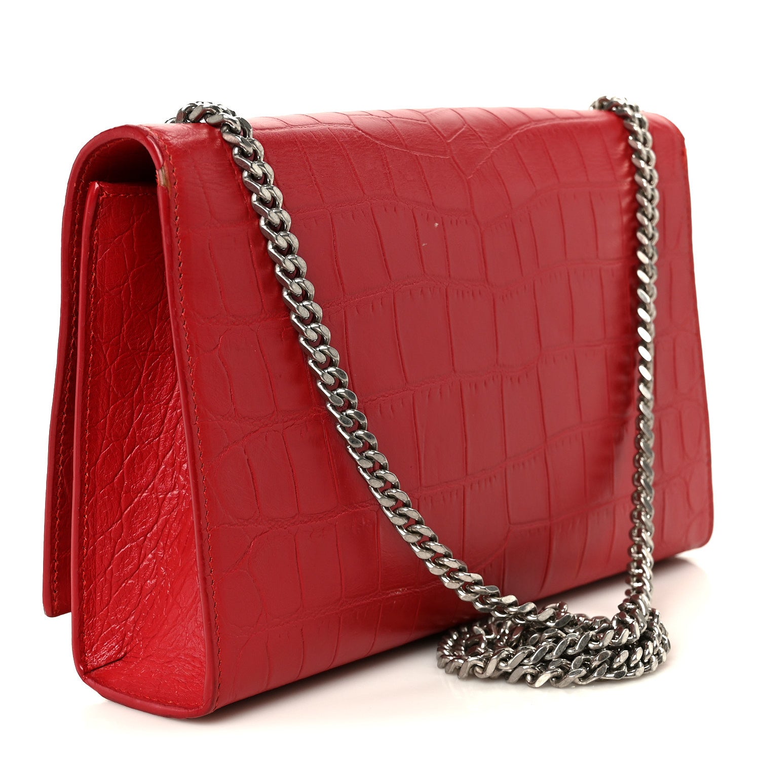 Saint Laurent Calfskin Crocodile Embossed Medium Classic Monogram Kate Tassel Satchel New Red 3 of 11