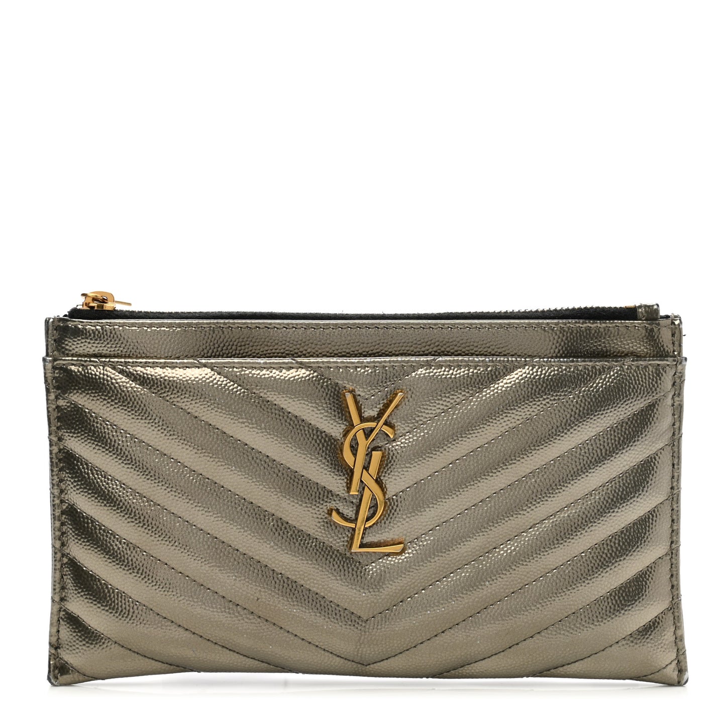 Metallic Grain De Poudre Matelasse Chevron Monogram Bill Pouch Piombo