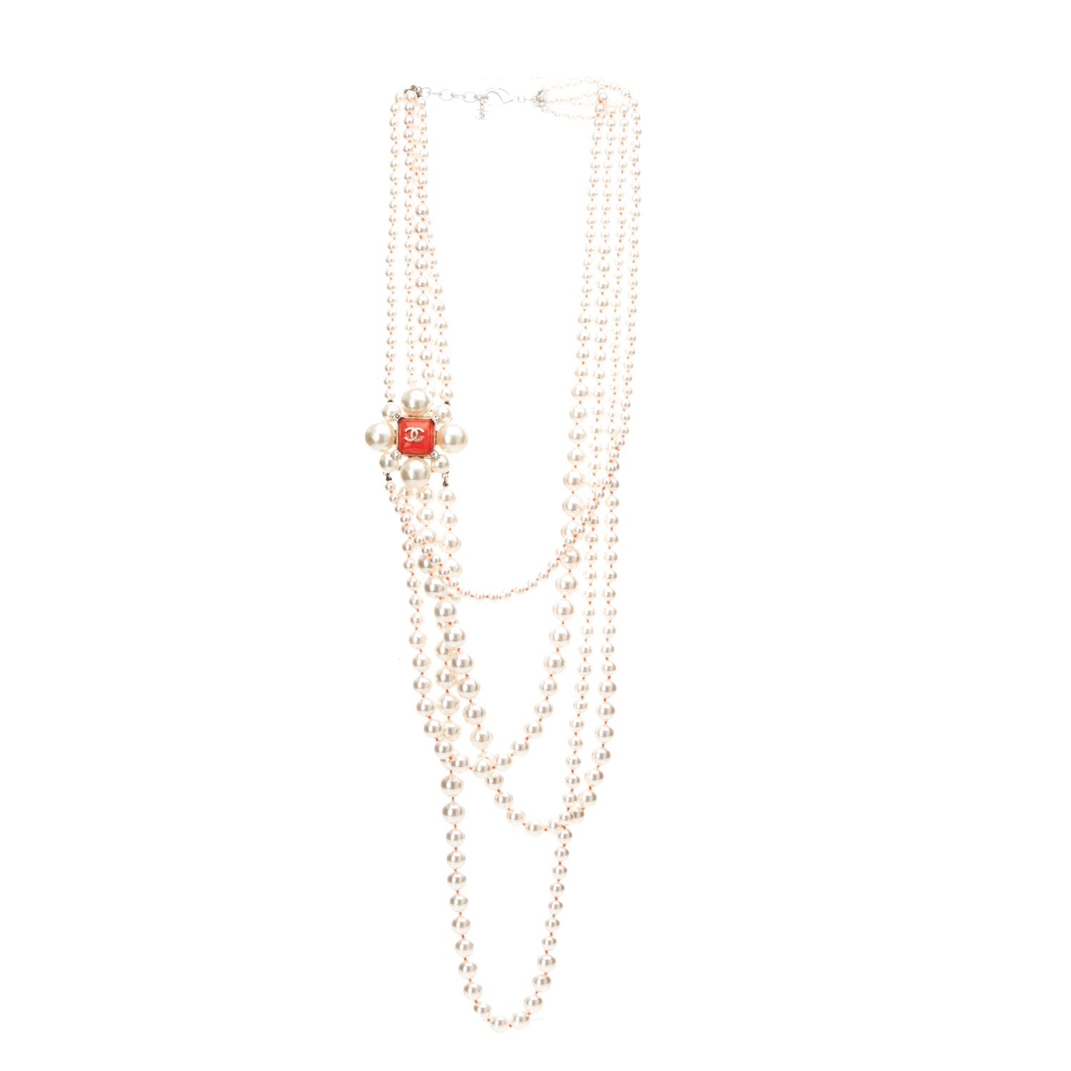 Chanel Pearl Crystal Gripoix CC Multi Strand Necklace Orange Gold 3 of 5