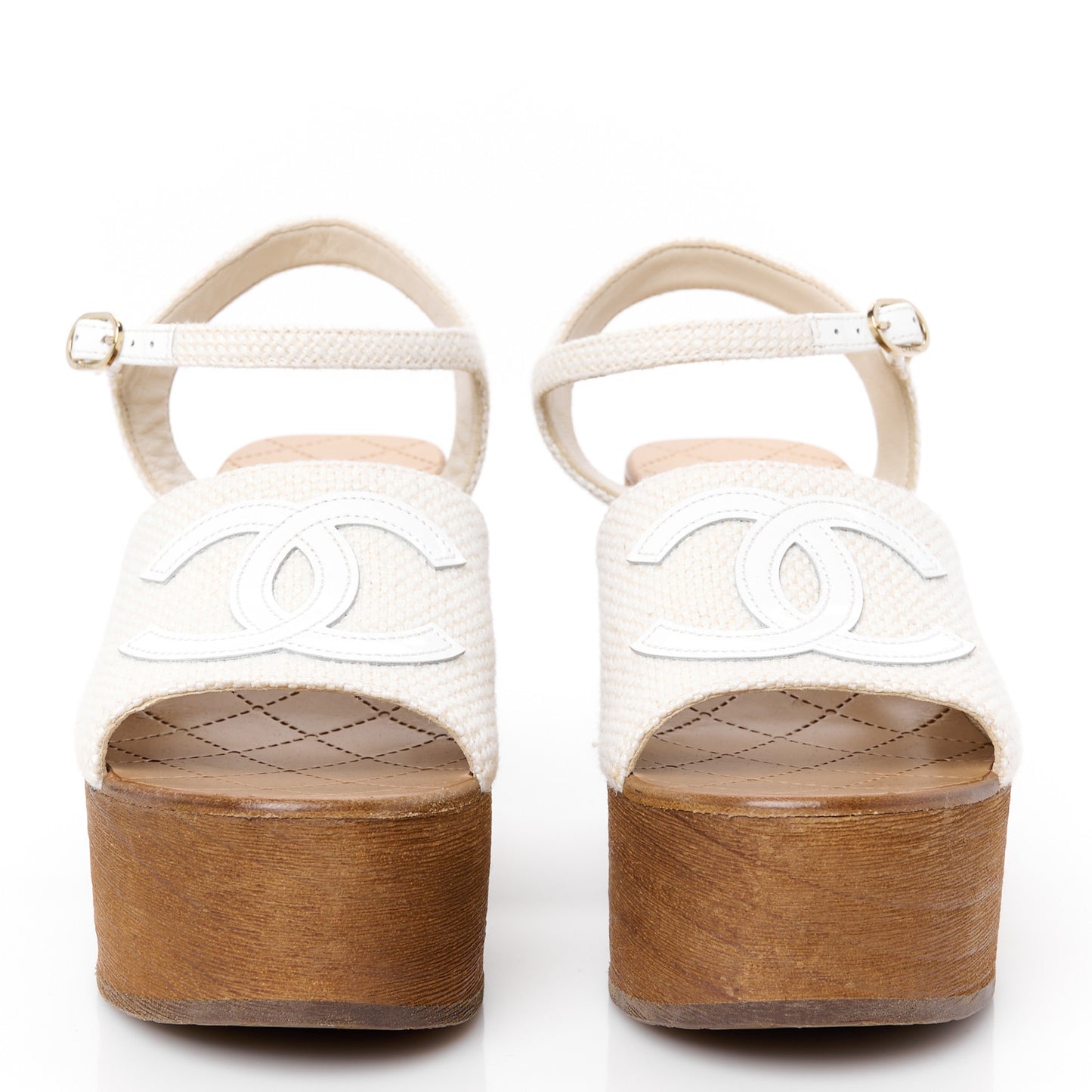 Fabric Patent Calfskin Platform Wedge Sandals 37 Ivory White