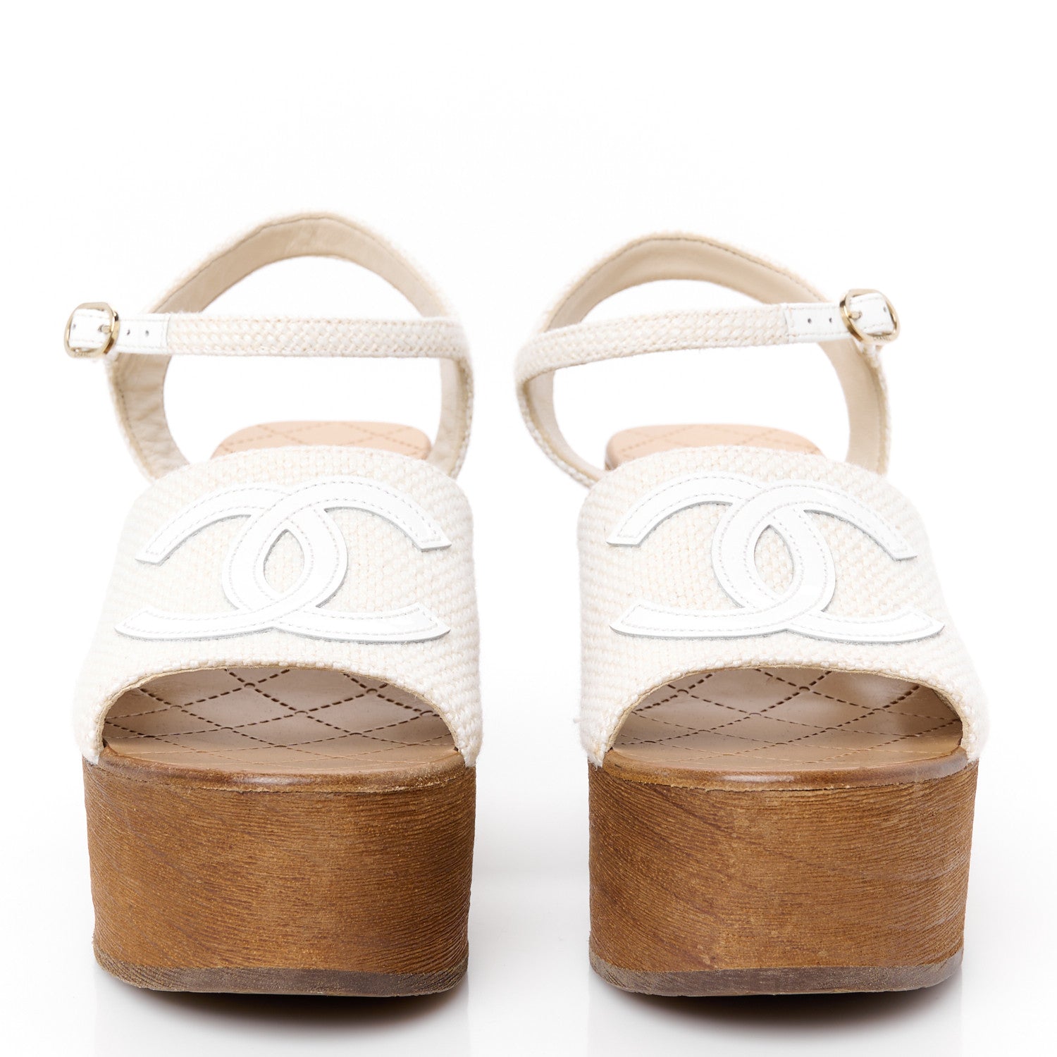 Chanel Fabric Patent Calfskin Platform Wedge Sandals 37 Ivory White 3 of 9