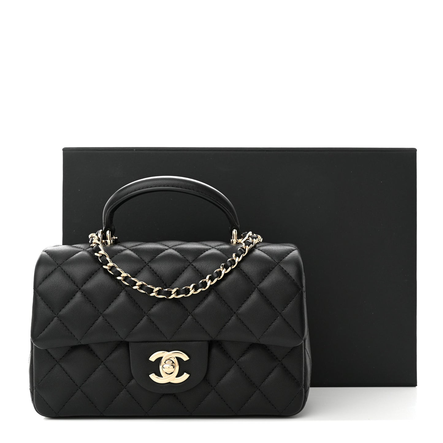 Lambskin Quilted Mini Top Handle Rectangular Flap Black