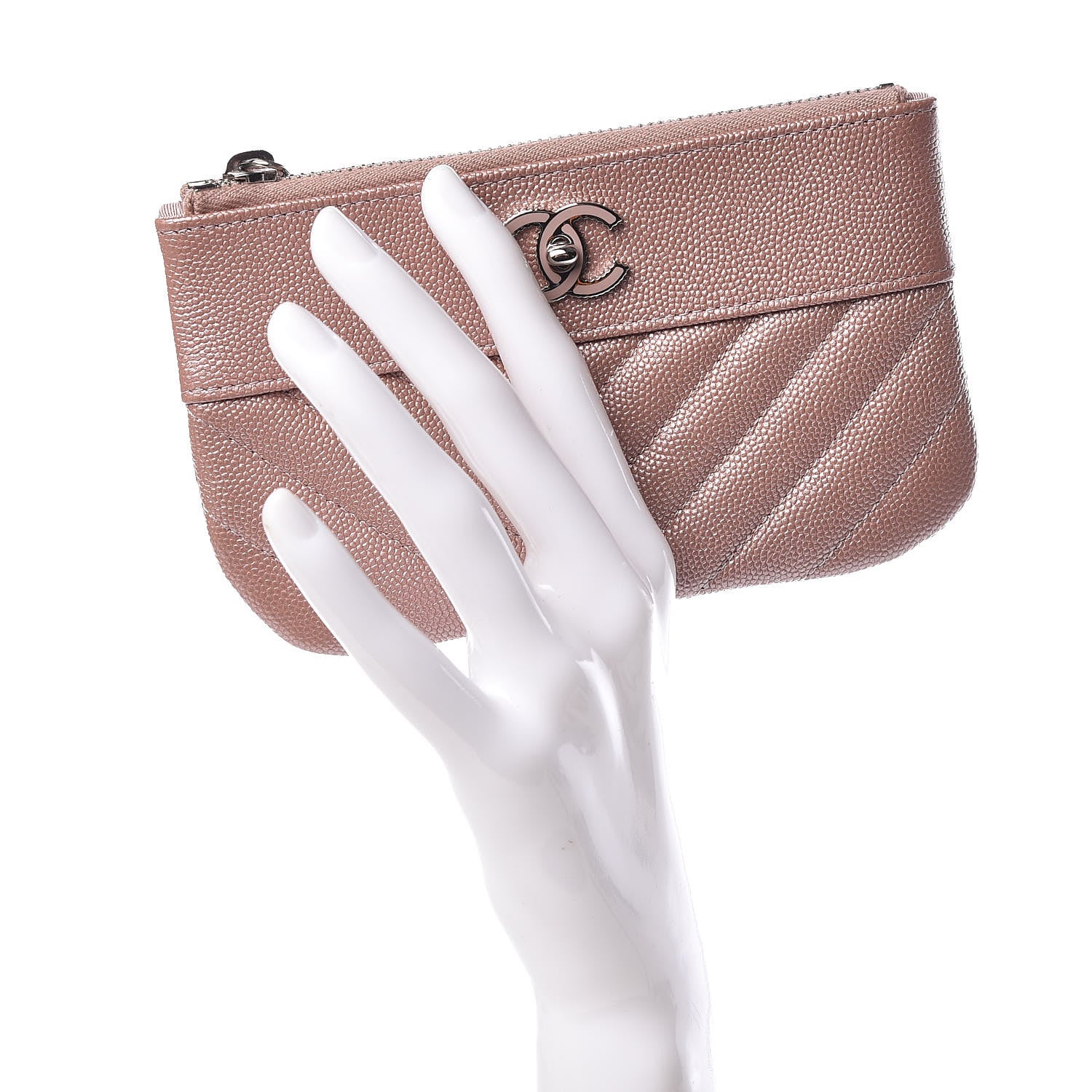 Chanel Metallic Caviar Chevron Quilted Small Vintage Mademoiselle Cosmetic Case Pink 2 of 7