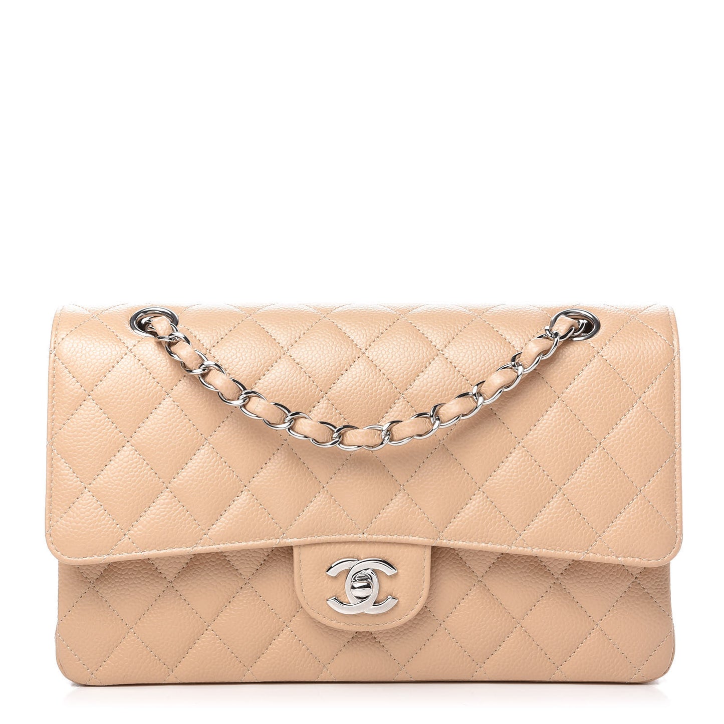 Caviar Quilted Medium Double Flap Beige