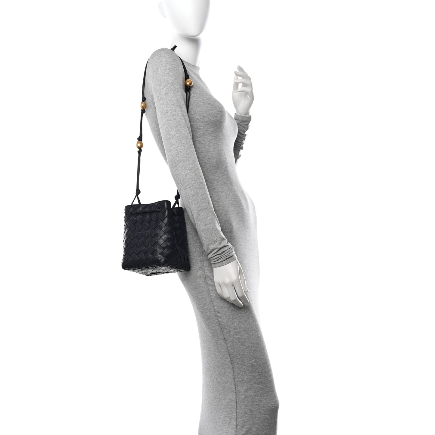 Nappa Intrecciato Small Drawstring Bucket Bag Navy