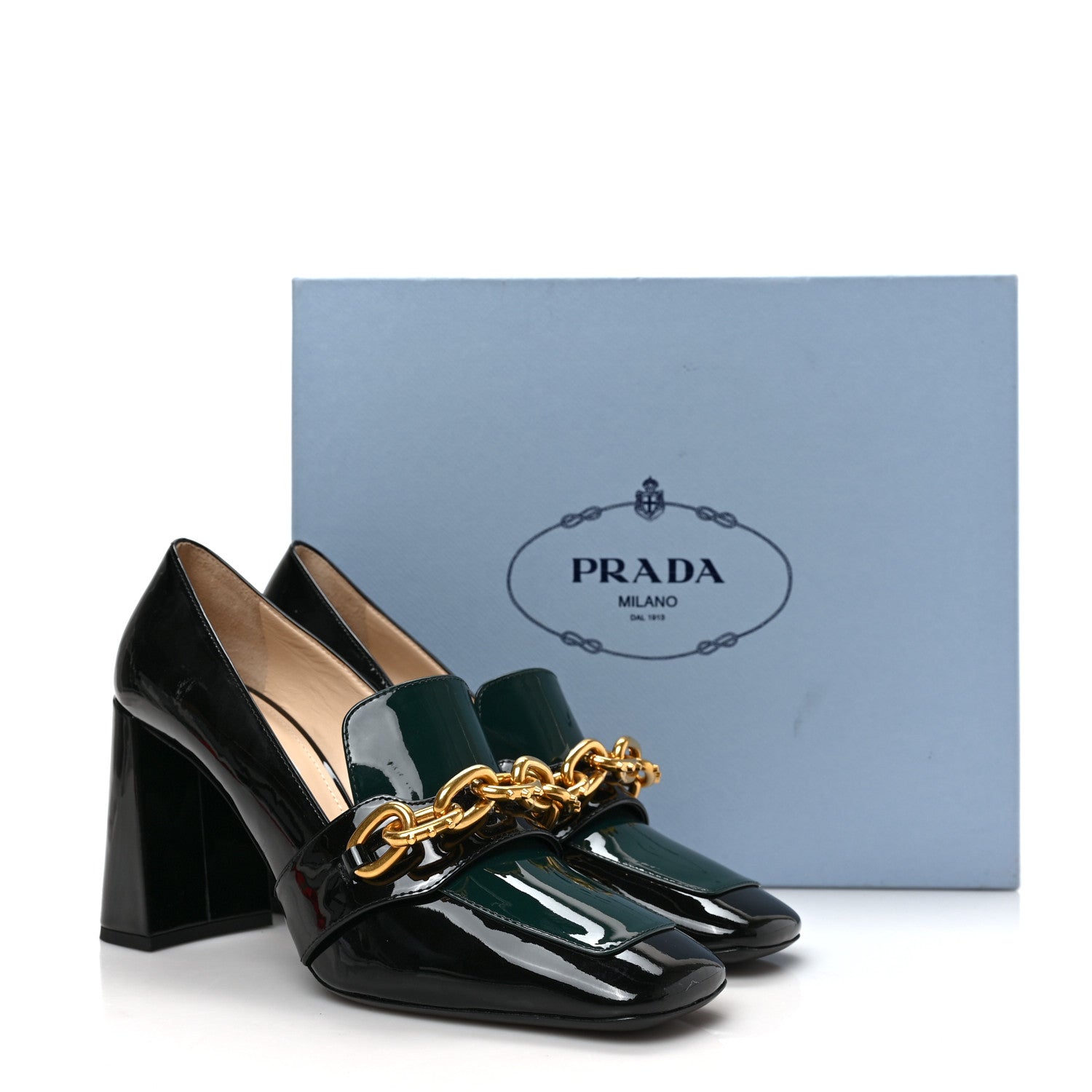 Prada Vernice Bi-Color Chain Mary Jane 85mm Pumps 38 Black Bottiglia 8 of 8