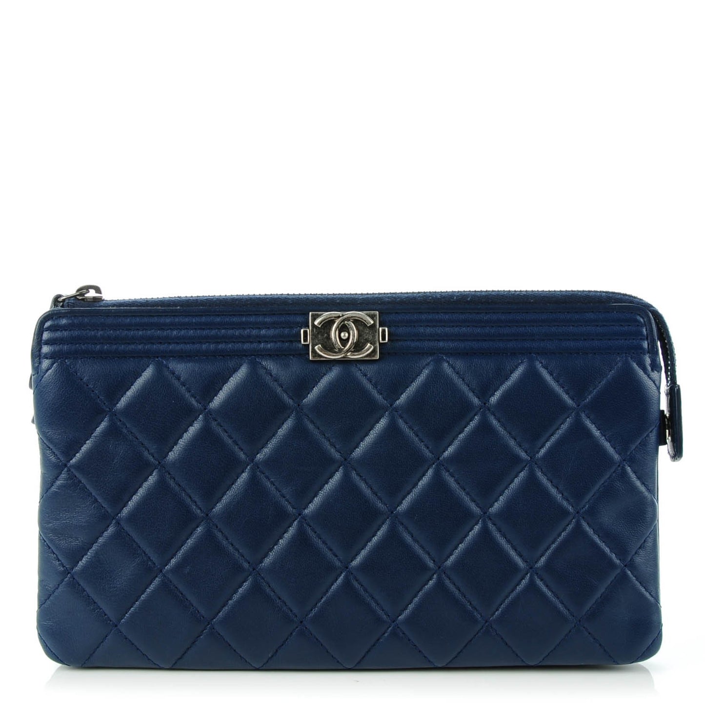 Lambskin Quilted Small Zipped Boy Clutch Navy