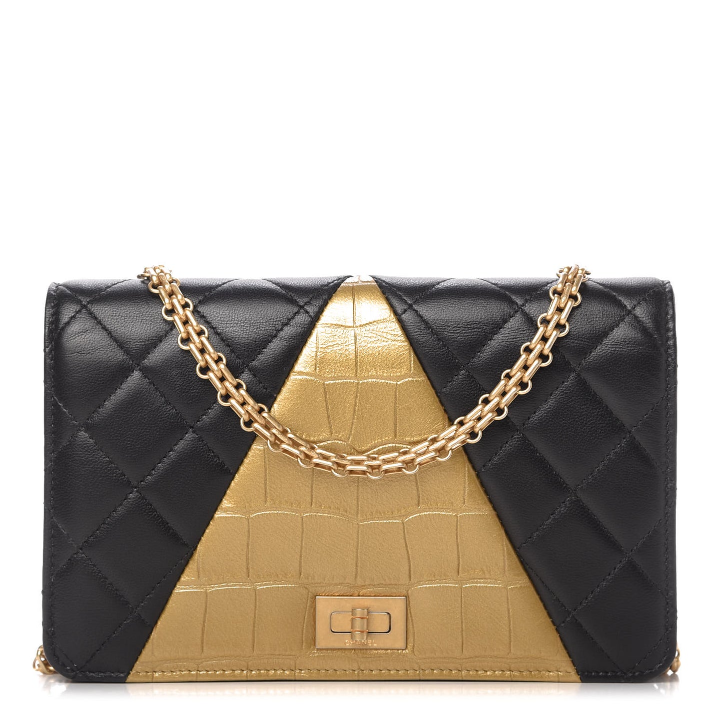 Lambskin Metallic Calfskin Crocodile Embossed 2.55 Reissue Wallet On Chain WOC Black Gold