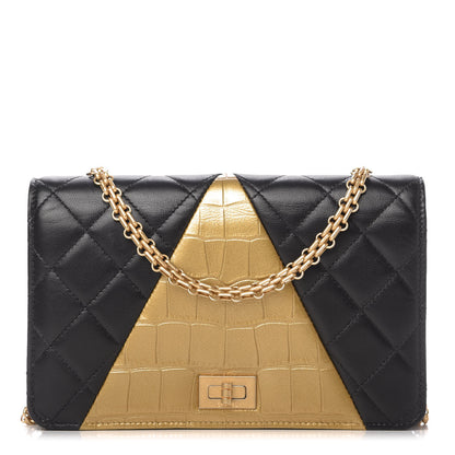 Chanel Lambskin Metallic Calfskin Crocodile Embossed 2.55 Reissue Wallet On Chain WOC Black Gold 1 of 11